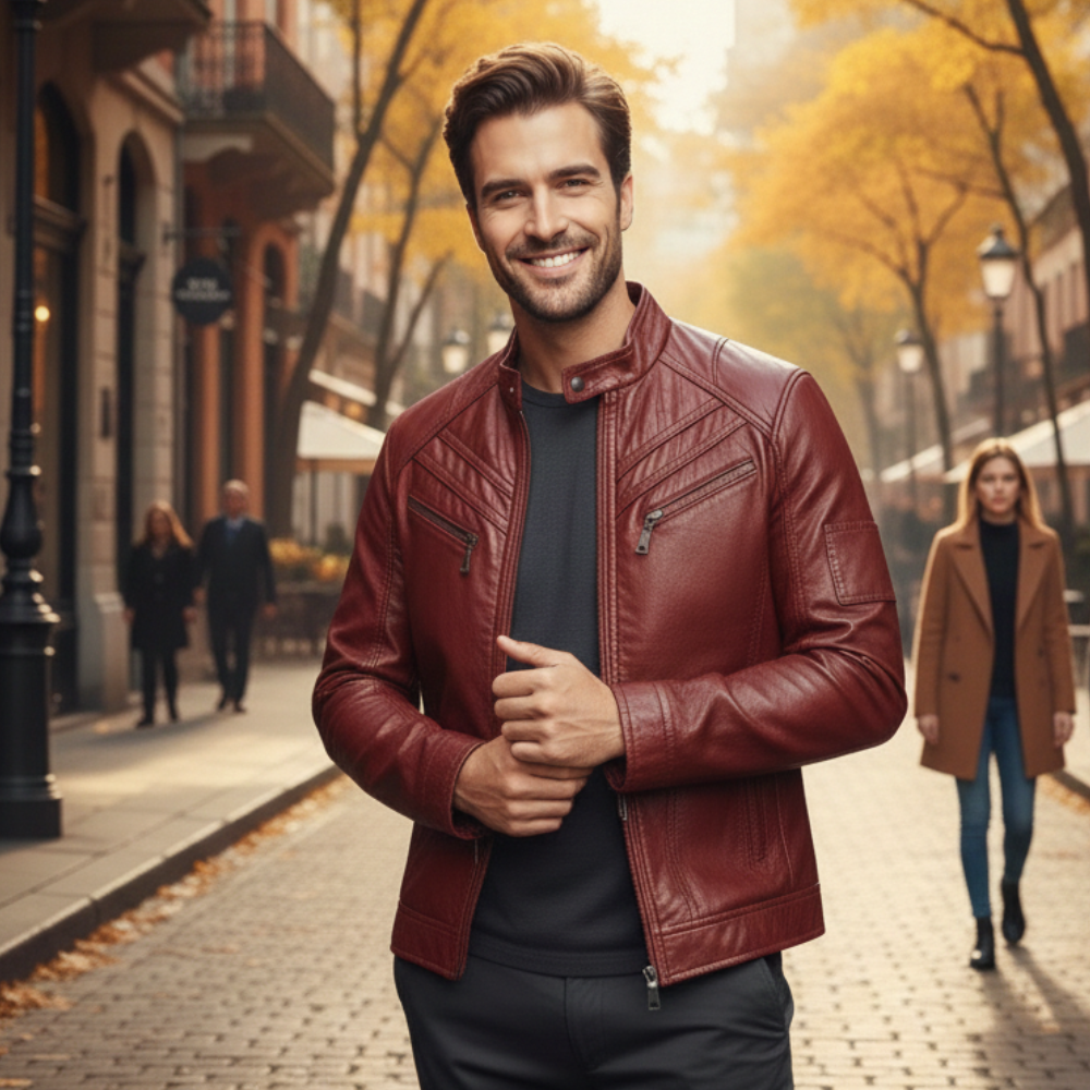 Slim Fit Zip-Up Motorcycle Jacket for Men Fashion Grand