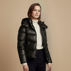 Black puffer jacket with hood for winter warmth Fashion Grand