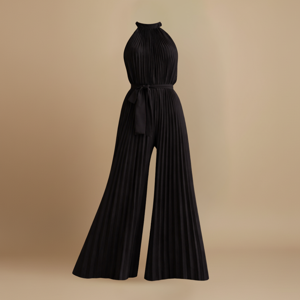 Women’s pleated high neck jumpsuit with belt and flowing fit Fashion Grand