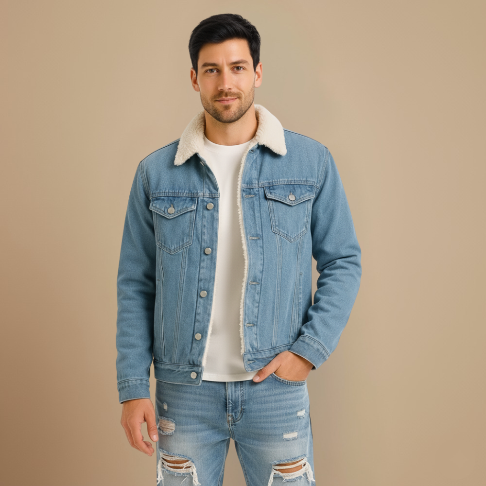 Men's Fleece Lined Warm Denim Trucker Jacket Fashion Grand