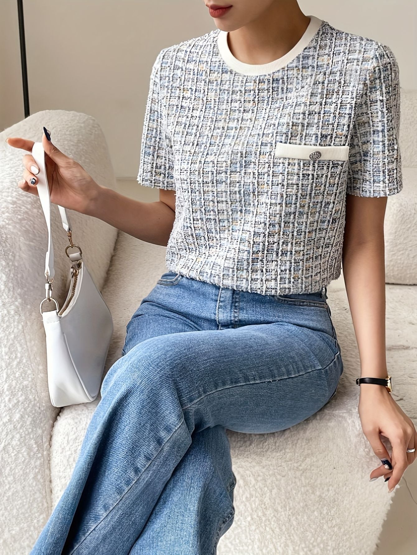 Women's Textured Tweed Pocket T-Shirt Fashion Grand