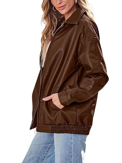 Women's Oversized Leather Zip Jacket Fashion Grand