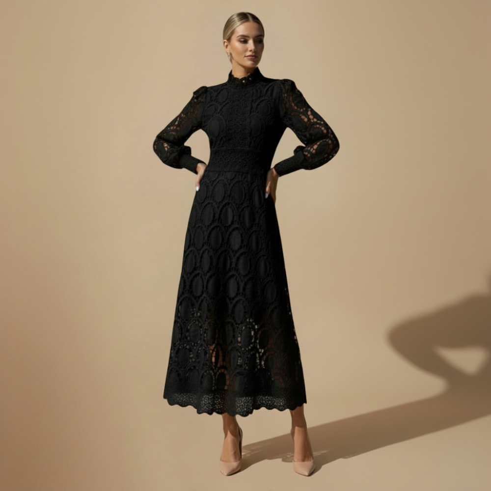 Elegant Lace Maxi Dress with Puff Sleeves Fashion Grand