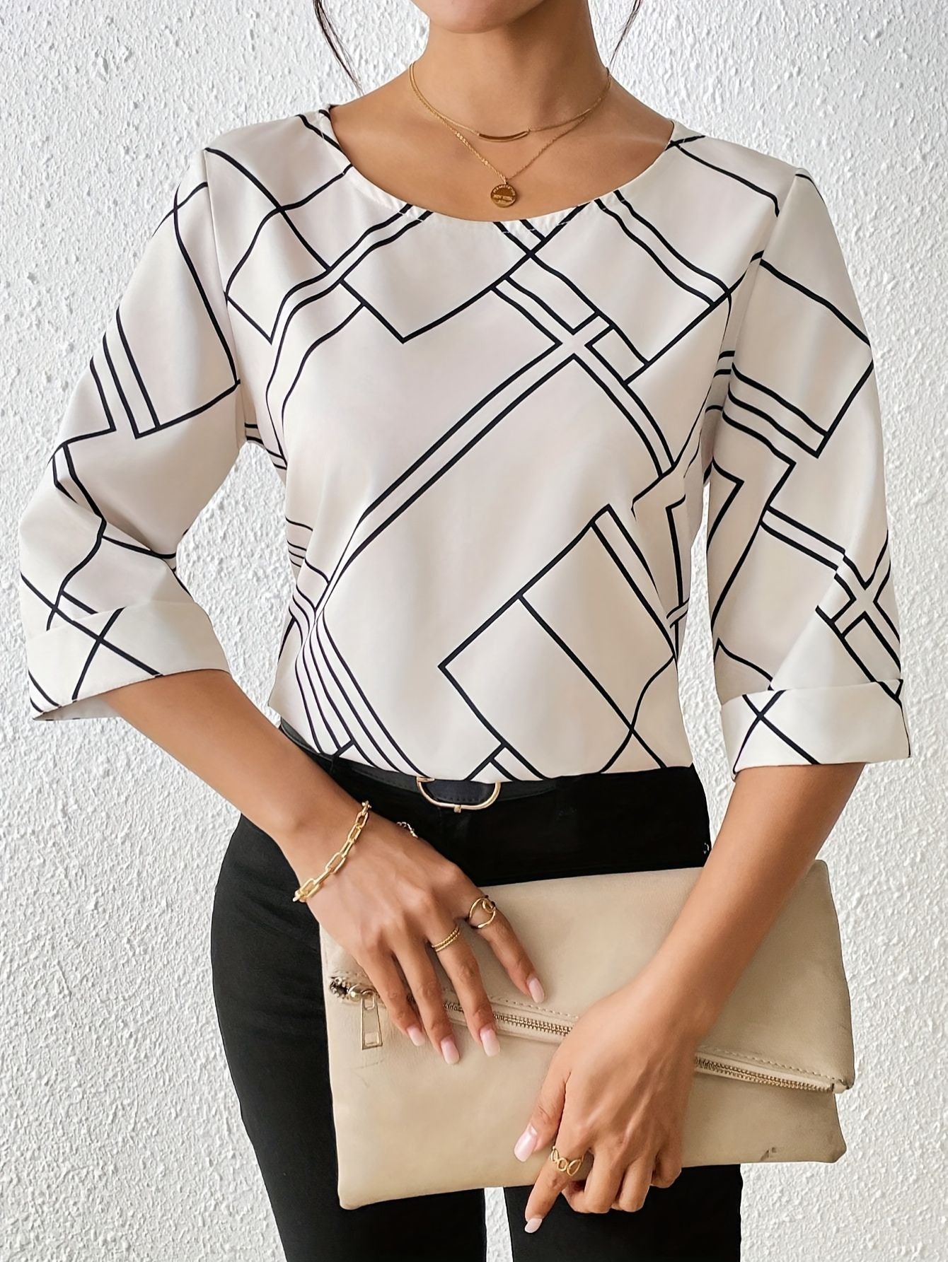 Geometric Print Sleeve Blouse Fashion Grand