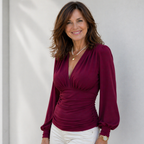 Women’s ruched v-neck long sleeve fitted top Fashion Grand
