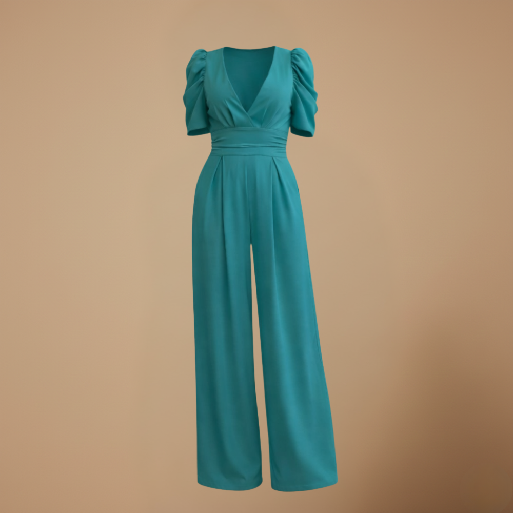 Women's puff sleeve v-neck wide jumpsuit Fashion Grand