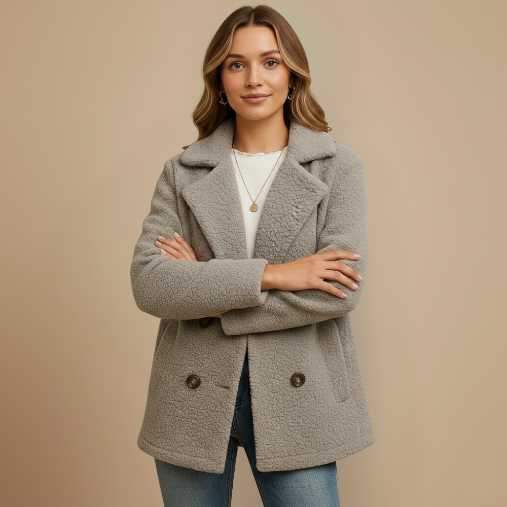 Stylish women's teddy coat with double row of buttons Fashion Grand