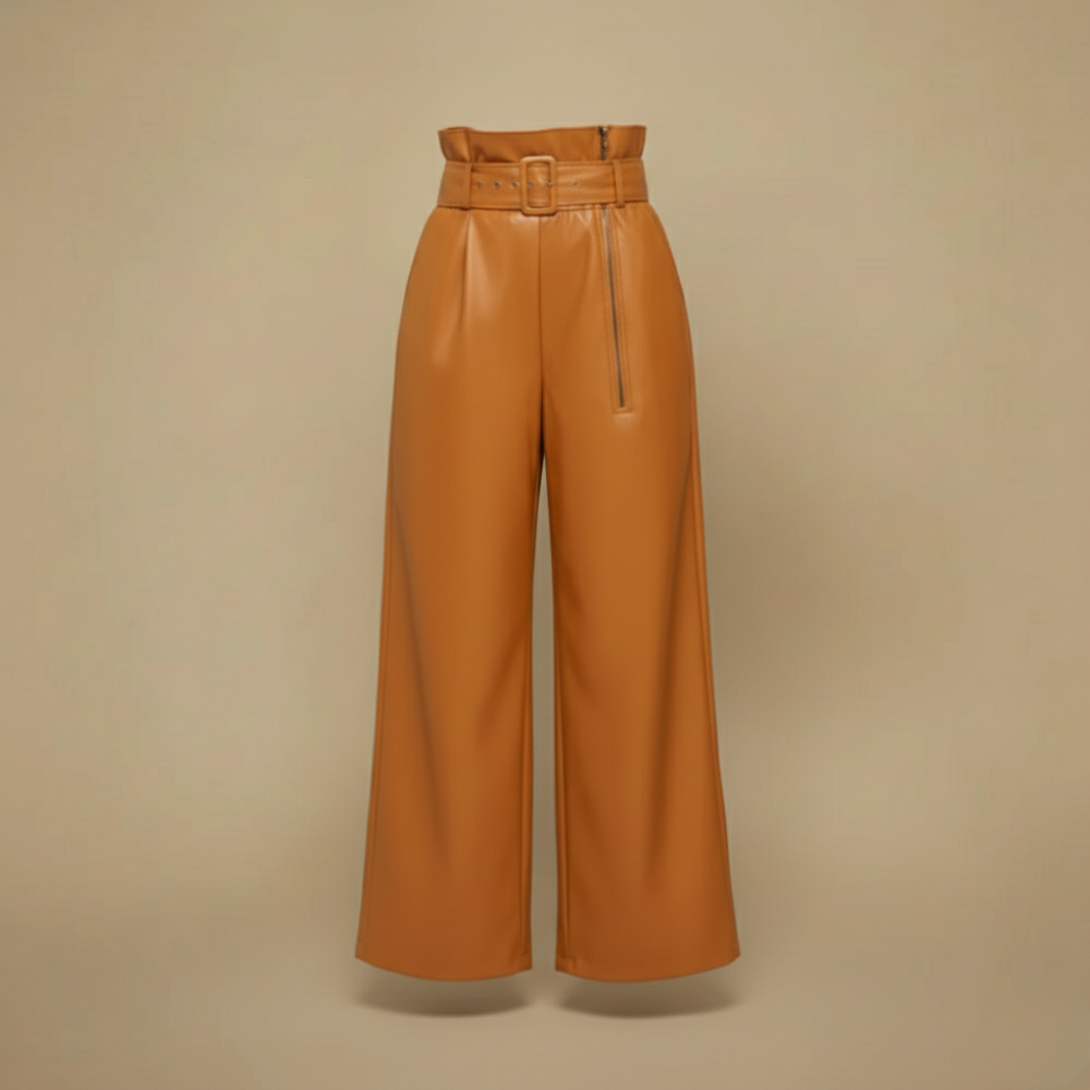 Women's high-waisted leather wide-leg trousers Fashion Grand