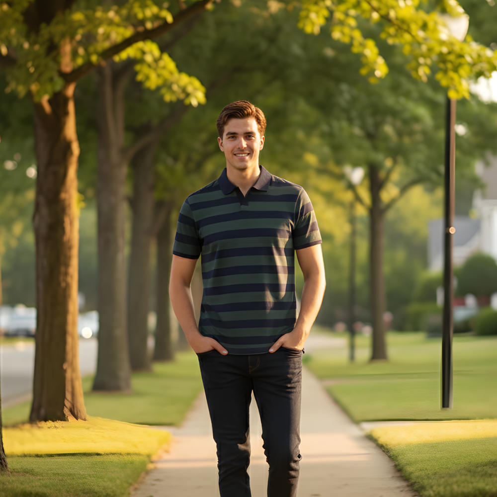 Men's striped v neck short sleeve polo shirt Fashion Grand