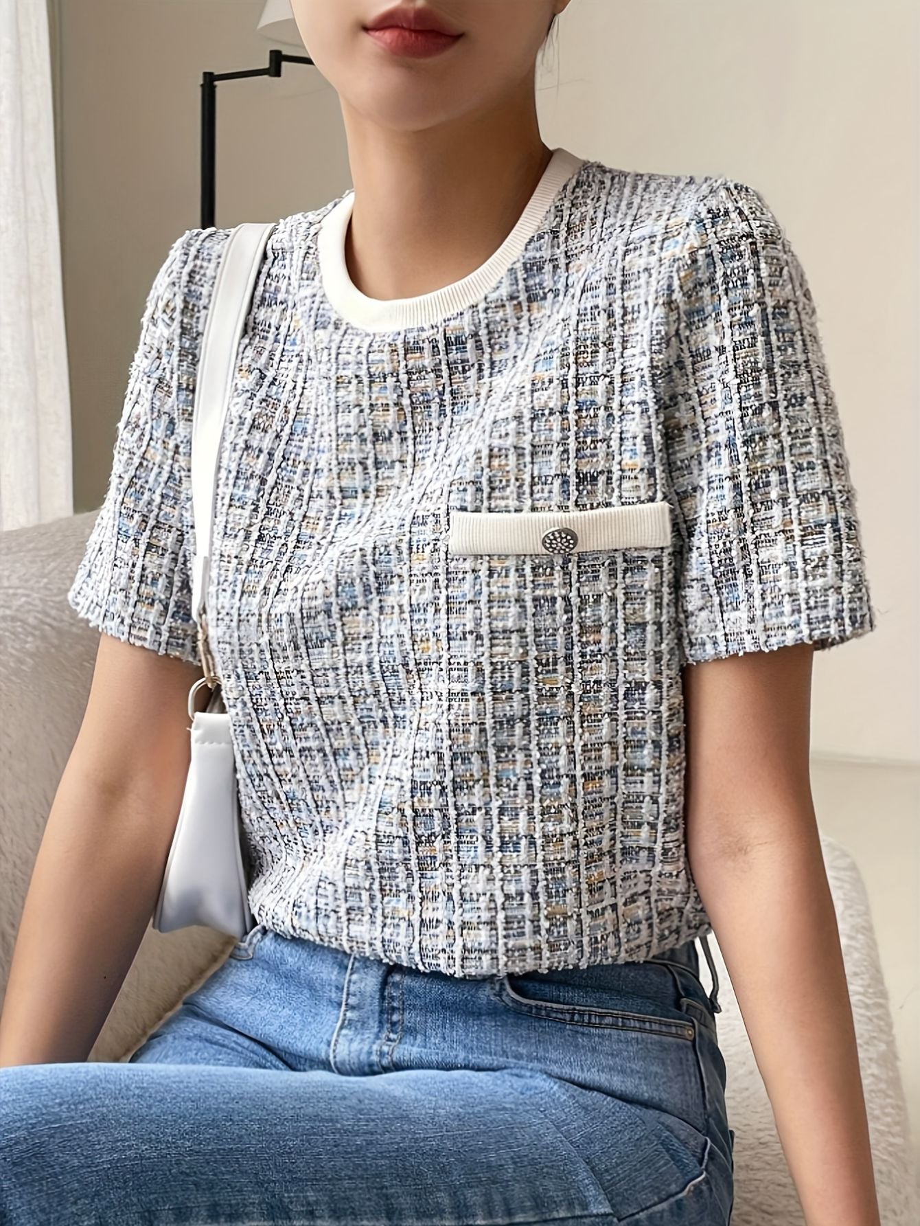 Women's Textured Tweed Pocket T-Shirt Fashion Grand