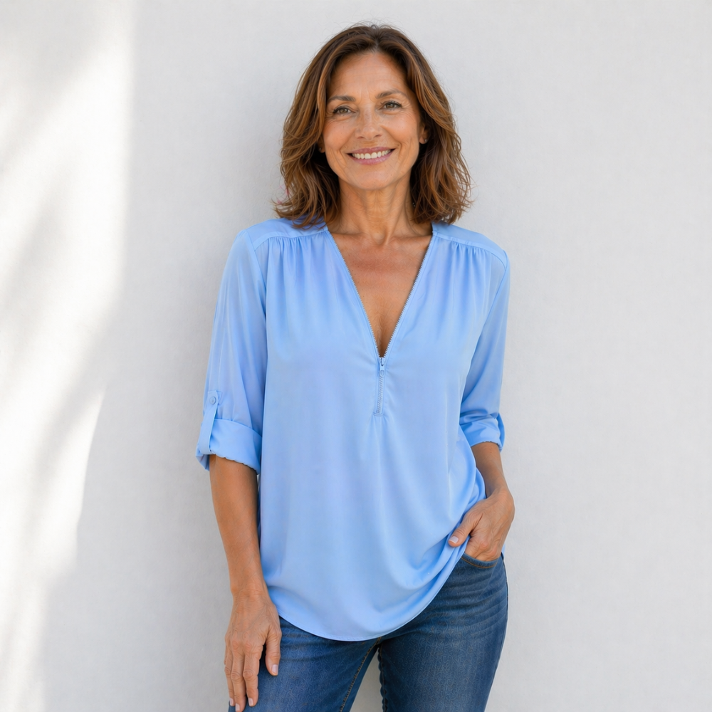 Women’s zipped v-neck loose fit casual blouse Fashion Grand