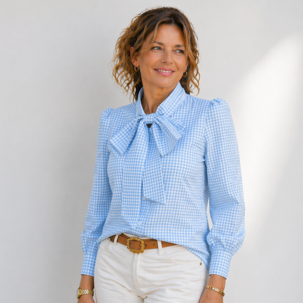 Women’s casual bow tie plaid loose fit blouse Fashion Grand