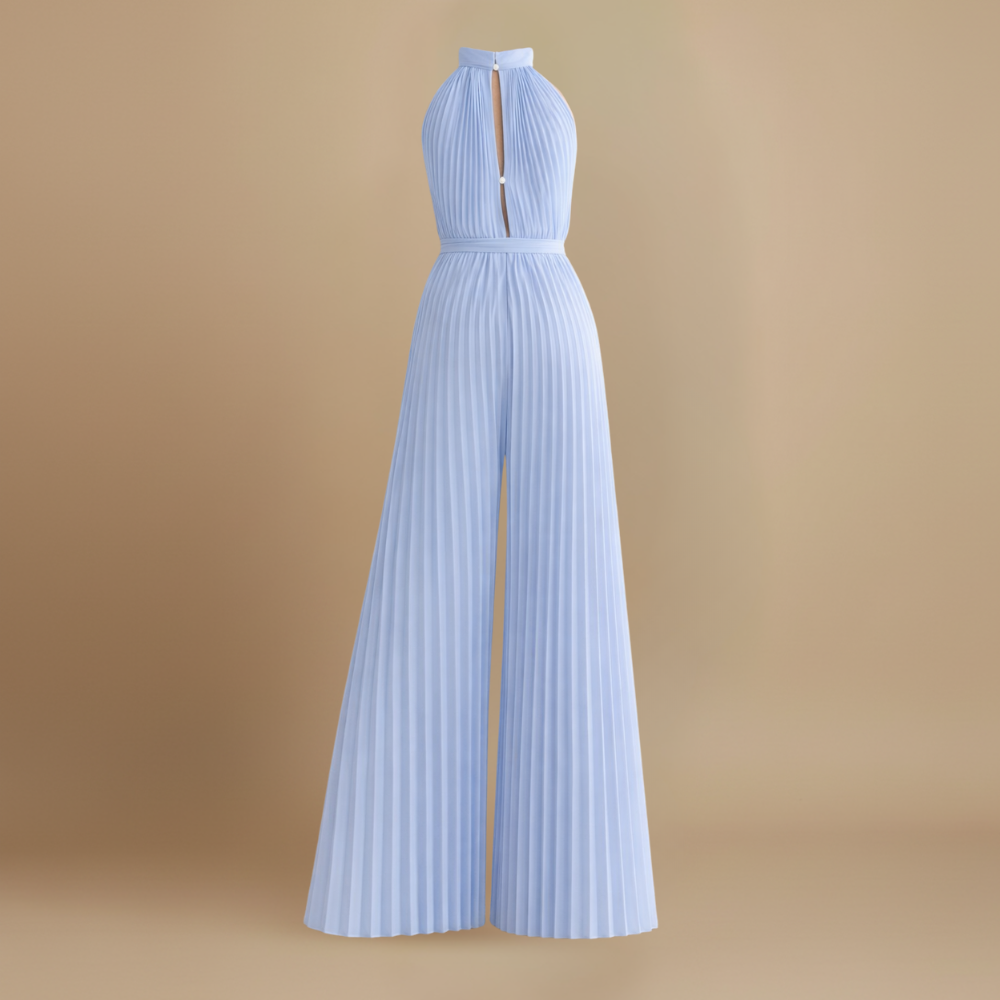 Women’s pleated high neck jumpsuit with belt and flowing fit Fashion Grand