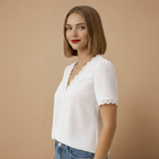 Women's summer lace trim v-neck blouse Fashion Grand