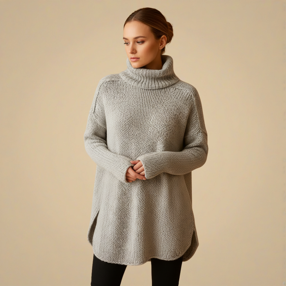 Elegant Roll Neck Knitted Tunic Sweater Fashion Grand