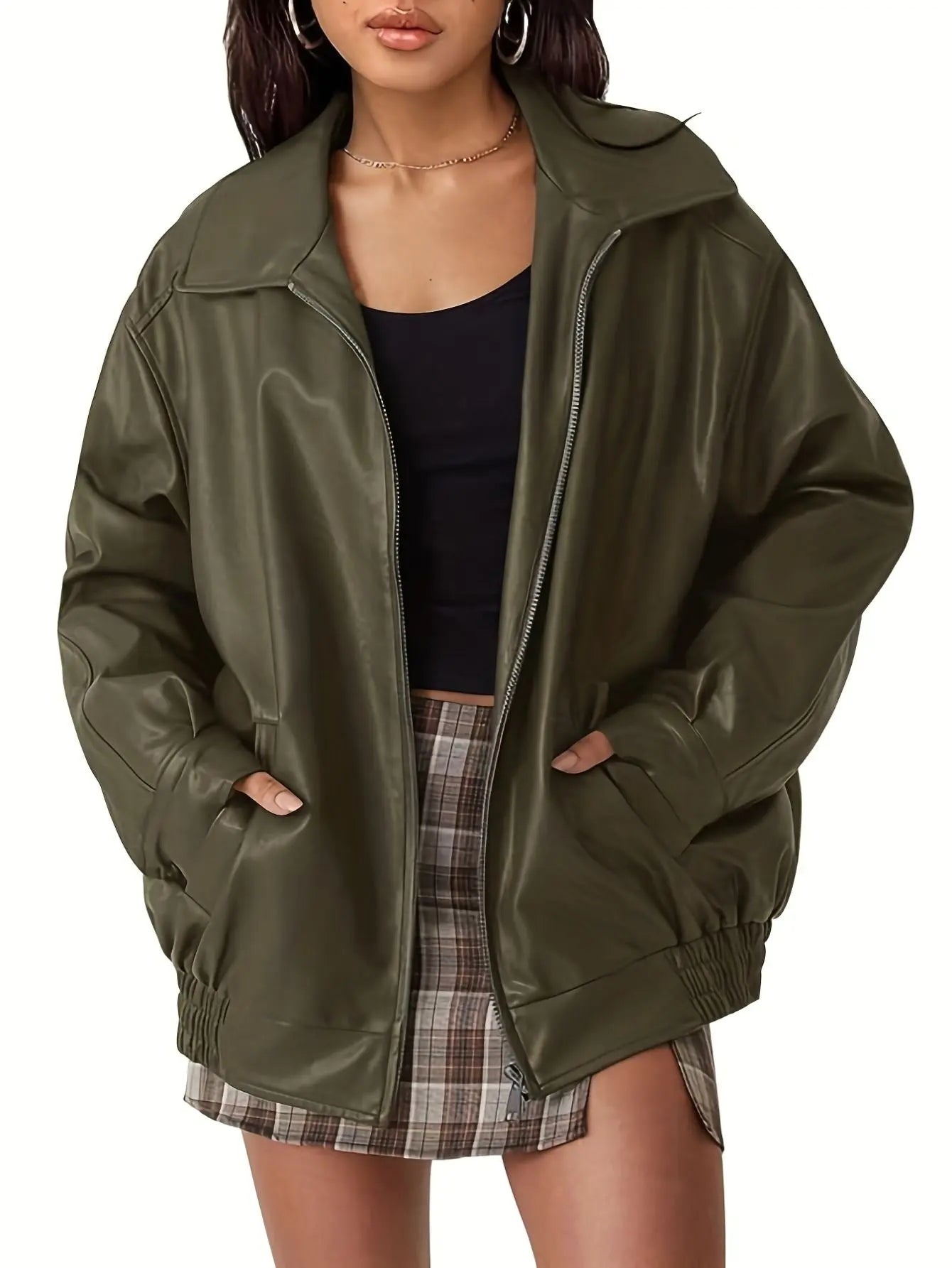 Women's Oversized Leather Zip Jacket Fashion Grand