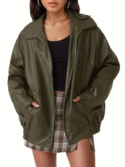 Women's Oversized Leather Zip Jacket Fashion Grand