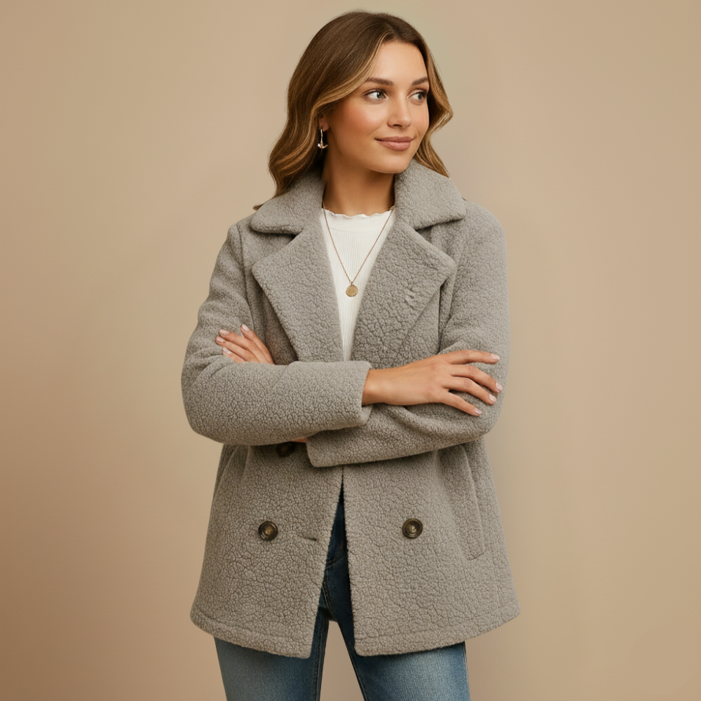 Stylish women's teddy coat with double row of buttons Fashion Grand