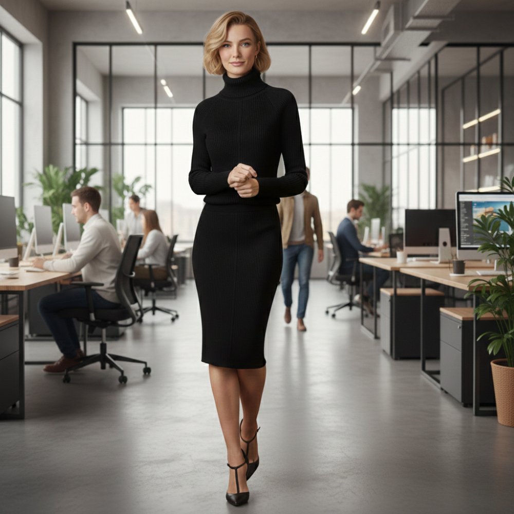 Women's high collar knitted sweater and skirt set Fashion Grand