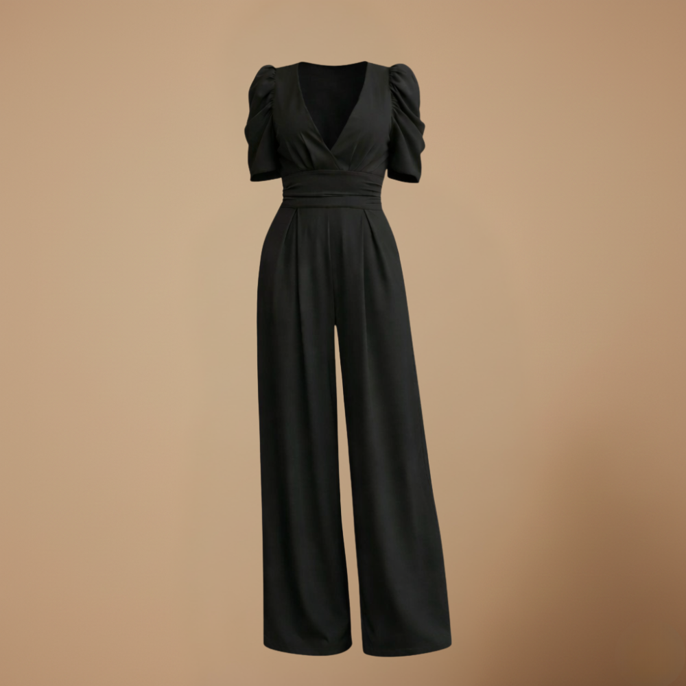 Women's puff sleeve v-neck wide jumpsuit Fashion Grand