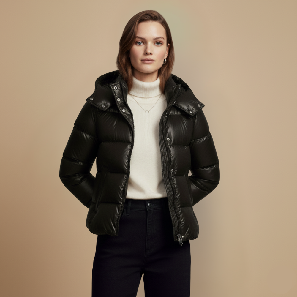 Black puffer jacket with hood for winter warmth Fashion Grand