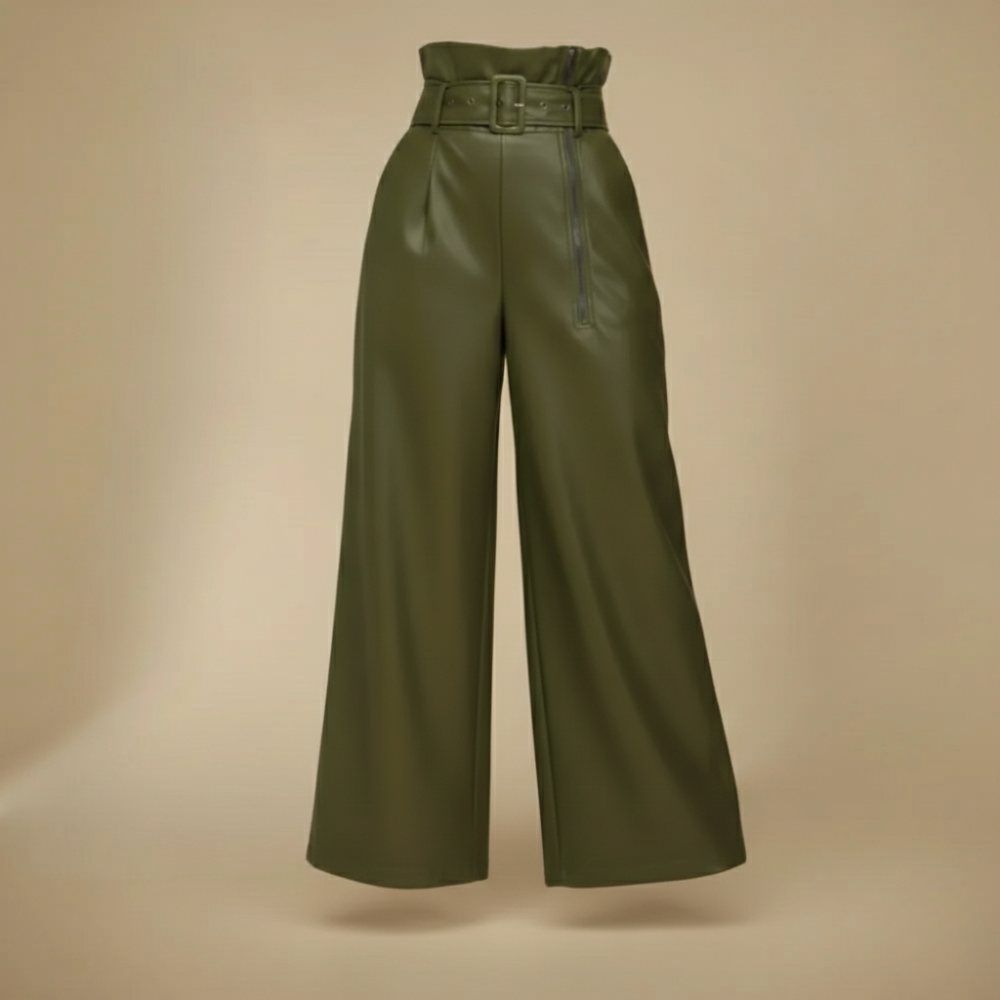Women's high-waisted leather wide-leg trousers Fashion Grand