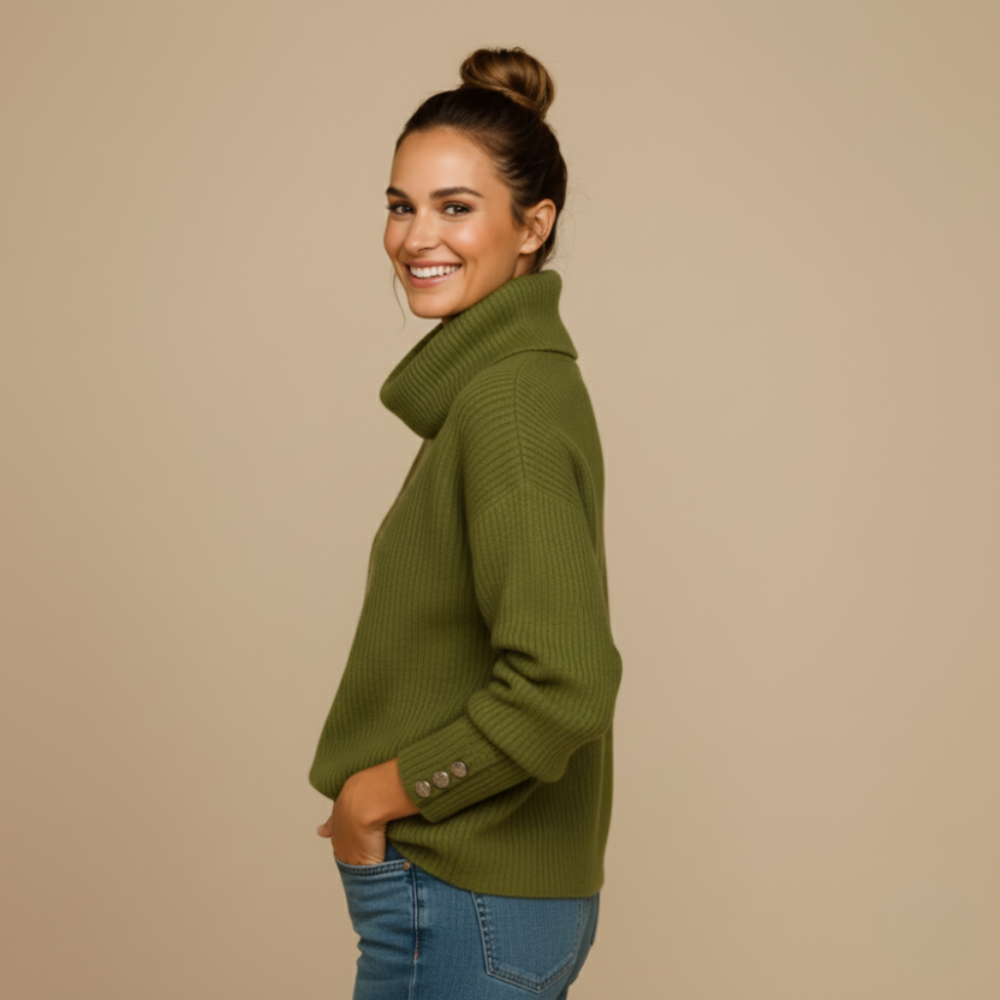 Women's turtleneck button puff sleeve knitted jumper Fashion Grand