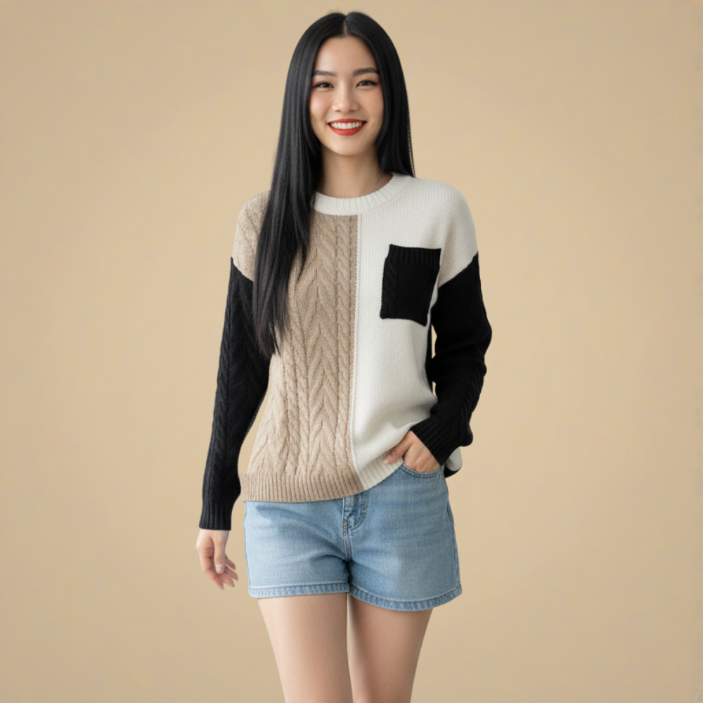 Cute Patchwork Cable Knit Casual Sweater for Women Fashion Grand
