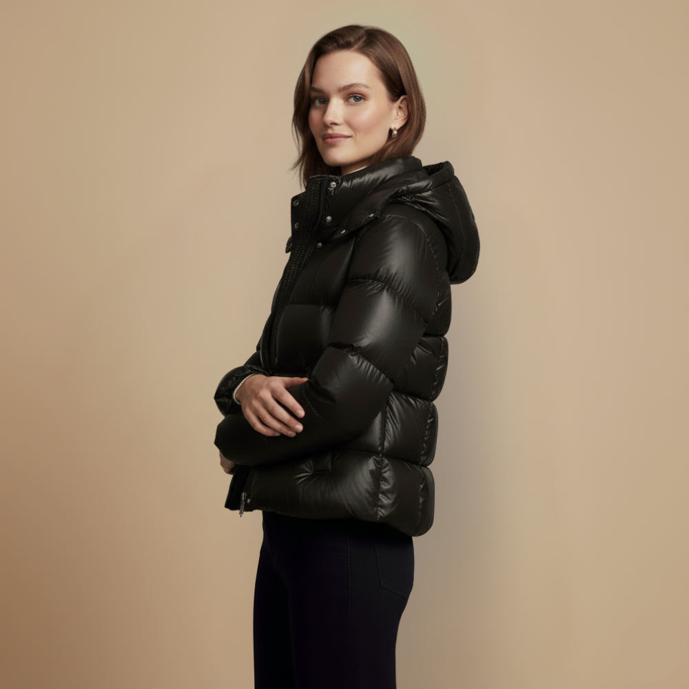 Black puffer jacket with hood for winter warmth Fashion Grand