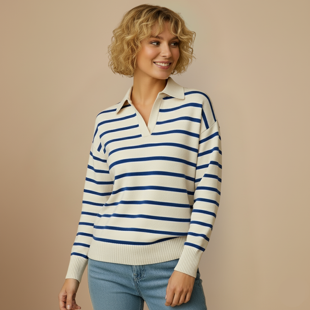 Women's Striped Polo Collar Knit Jumper Fashion Grand