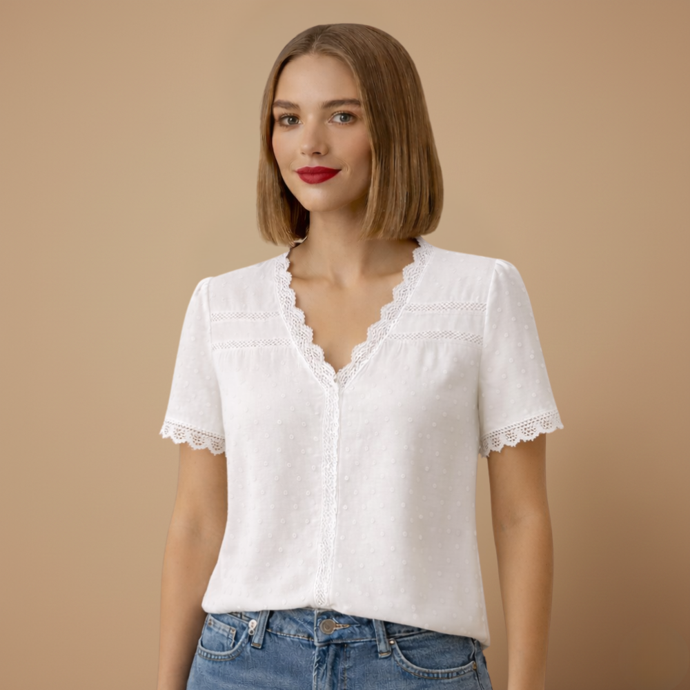 Women's summer lace trim v-neck blouse Fashion Grand