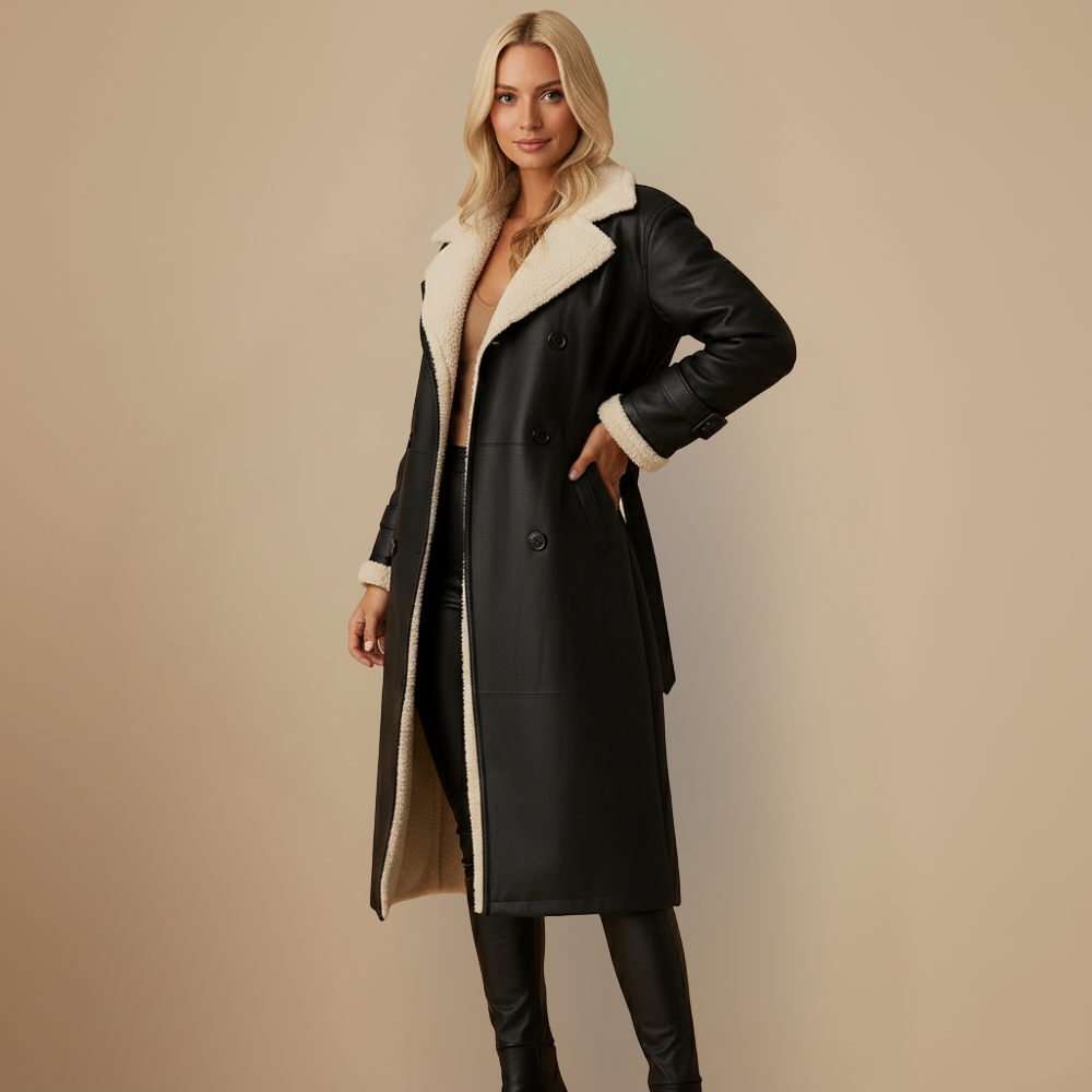 Long women's faux leather coat with fleece lining Fashion Grand