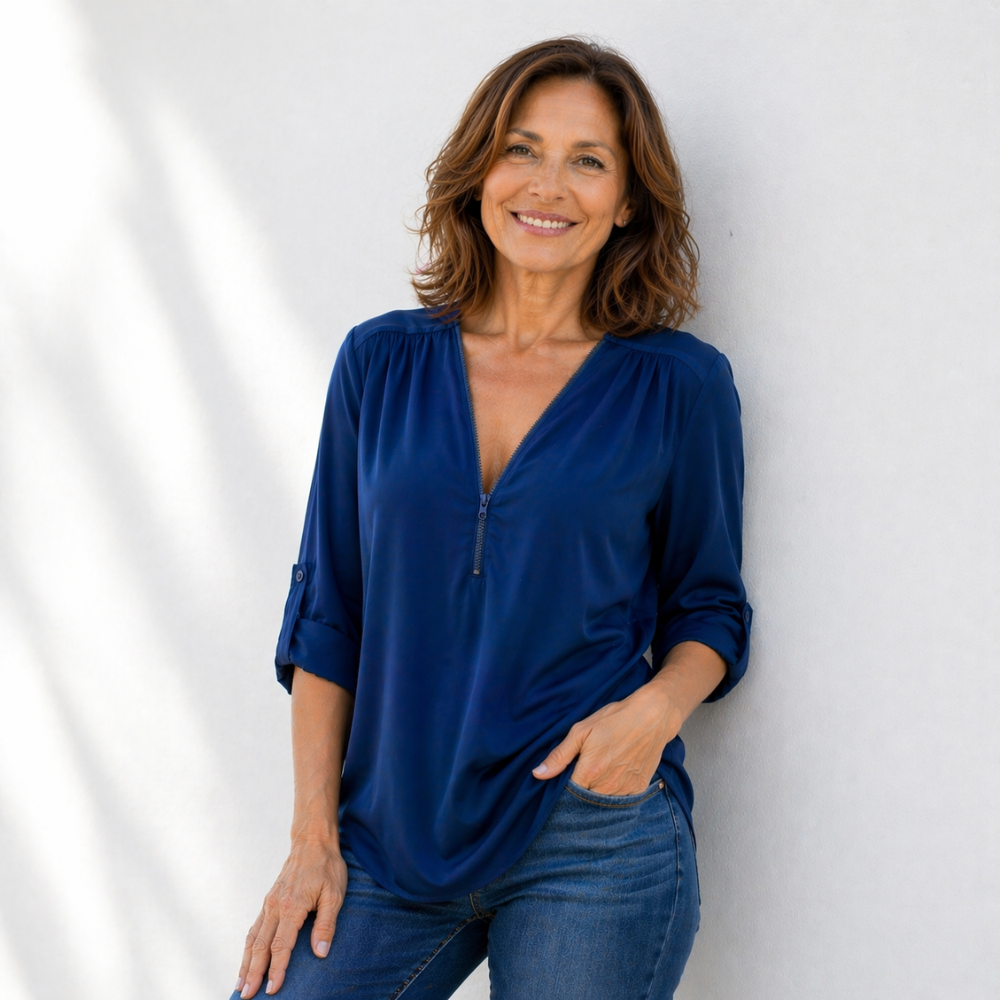 Women’s zipped v-neck loose fit casual blouse Fashion Grand