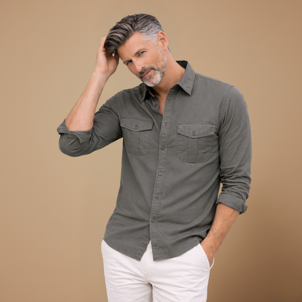 Men's casual long sleeve shirt with dual chest pockets Fashion Grand