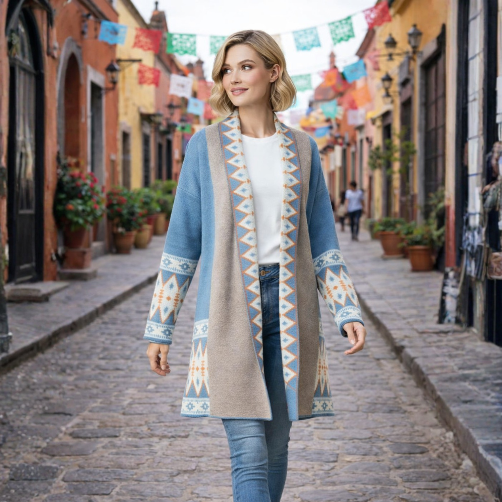 Women's open-front mid-length patterned cardigan Fashion Grand