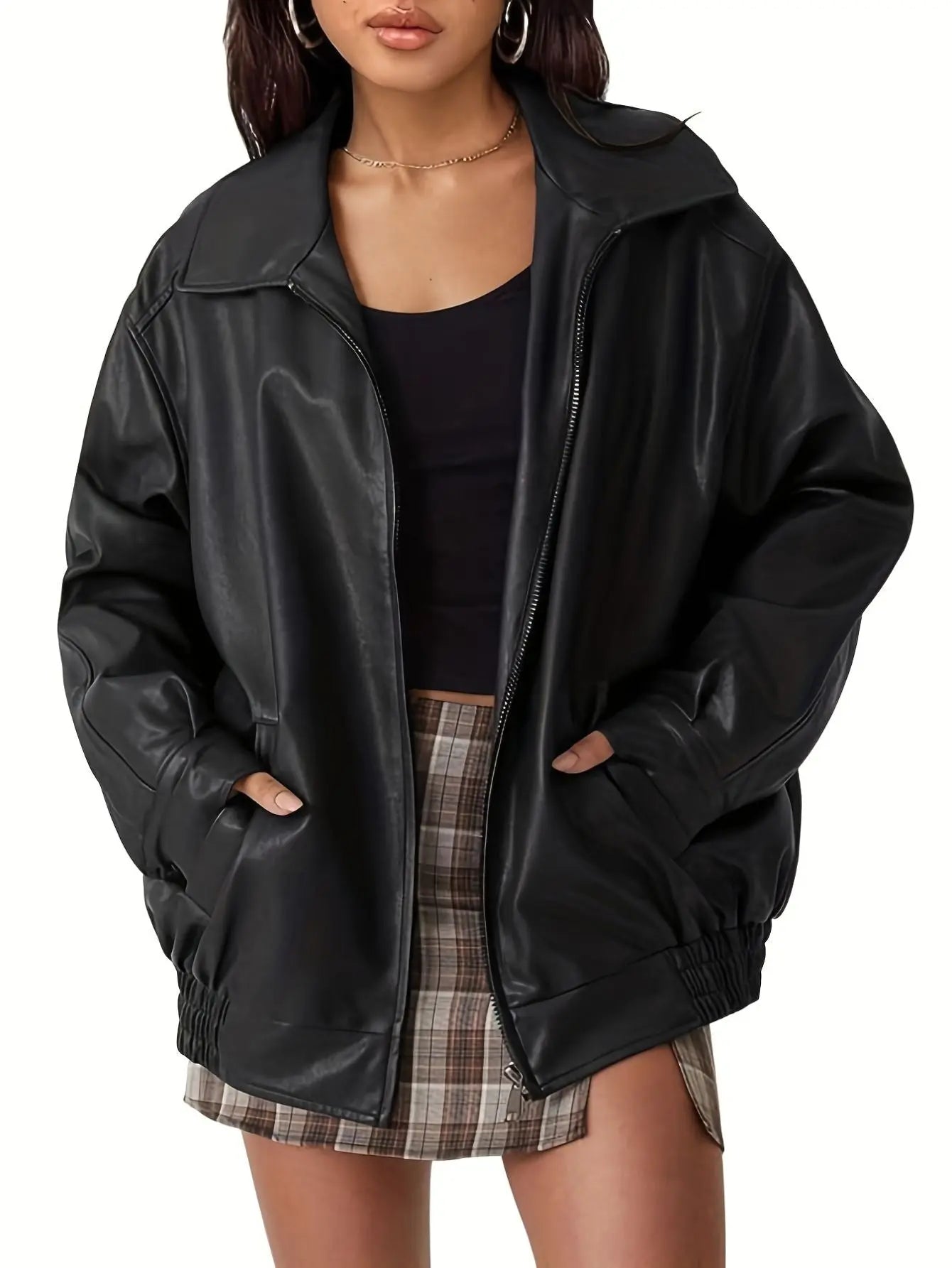 Women's Oversized Leather Zip Jacket Fashion Grand