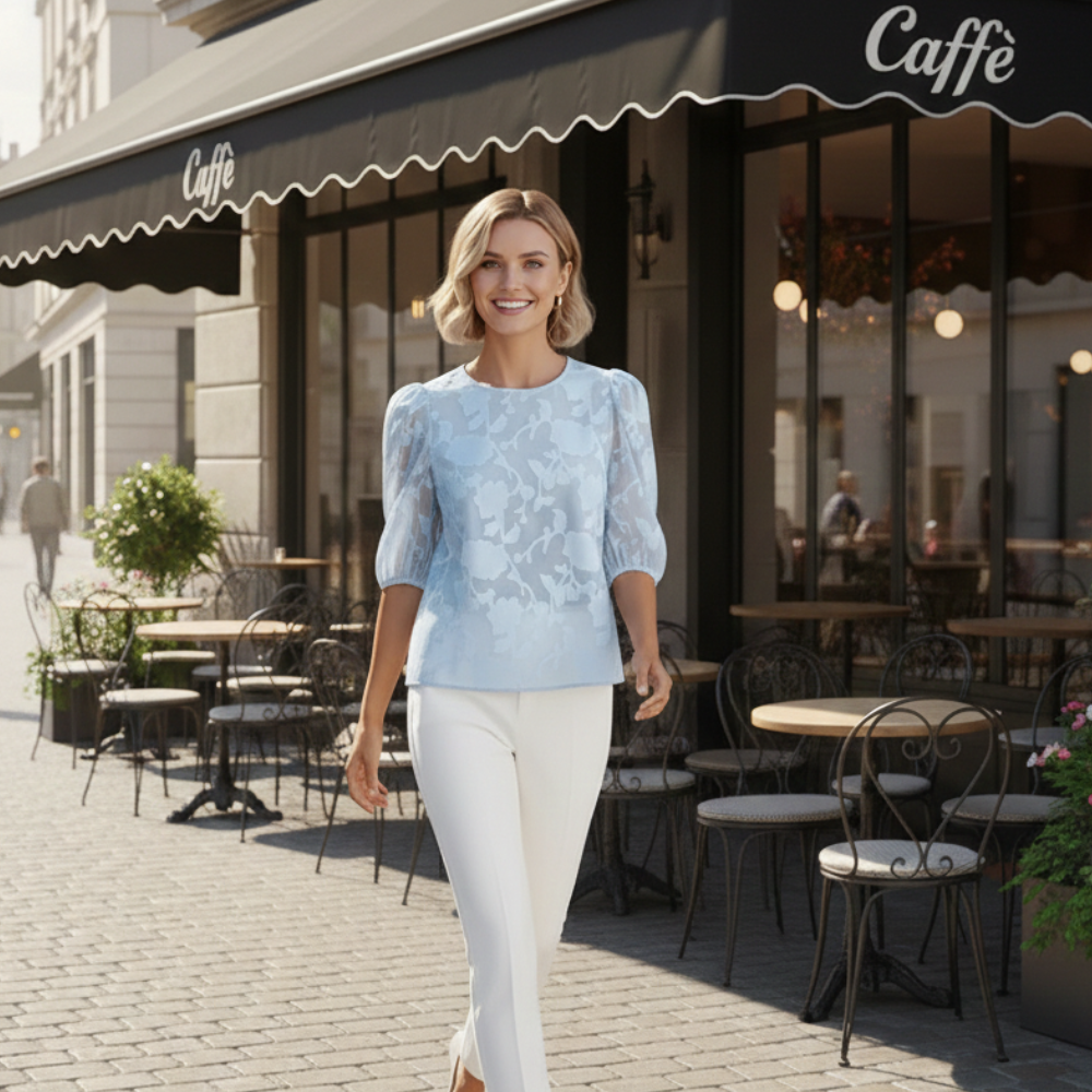 Women's chiffon round neck puff sleeve blouse Fashion Grand
