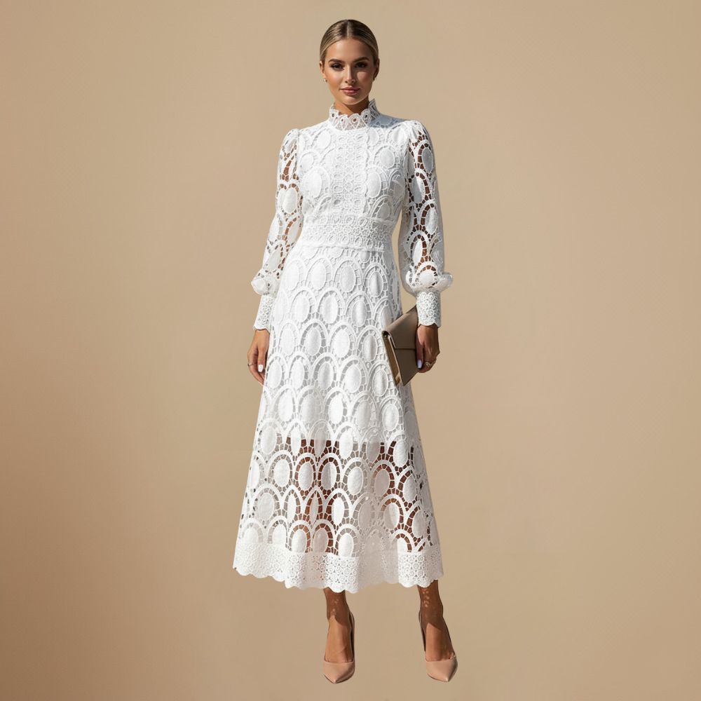 Elegant Lace Maxi Dress with Puff Sleeves Fashion Grand