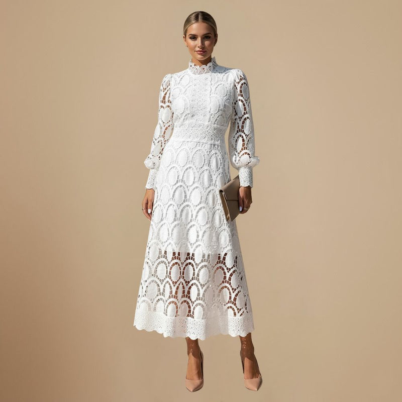 Elegant Lace Maxi Dress with Puff Sleeves Fashion Grand