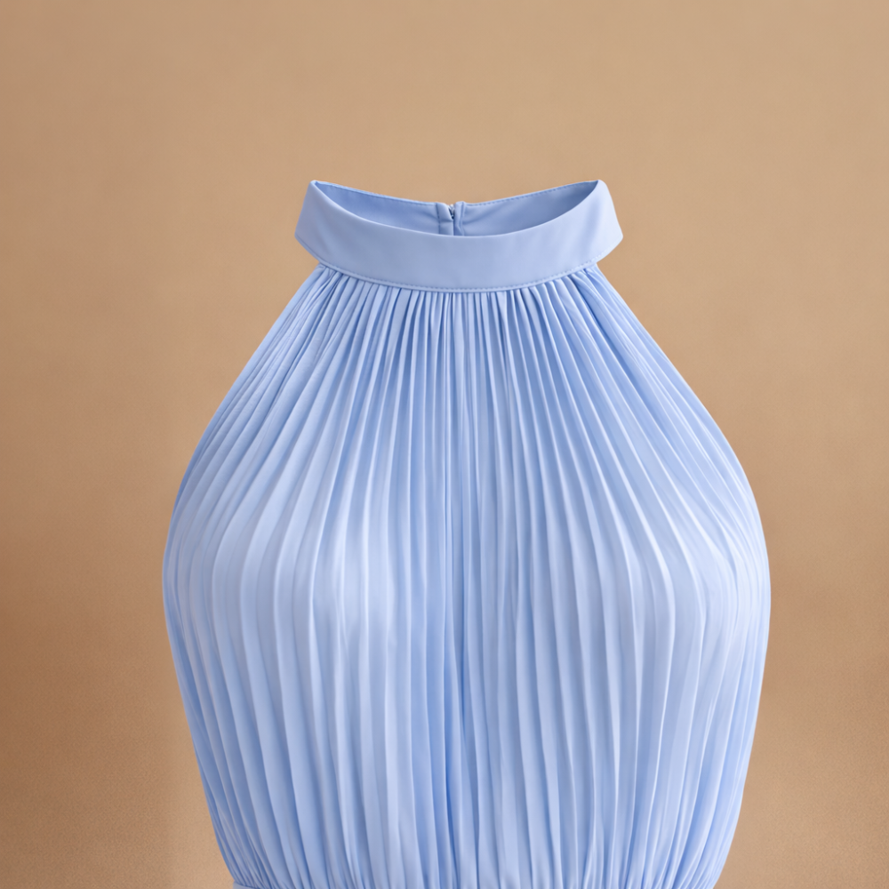 Women’s pleated high neck jumpsuit with belt and flowing fit Fashion Grand