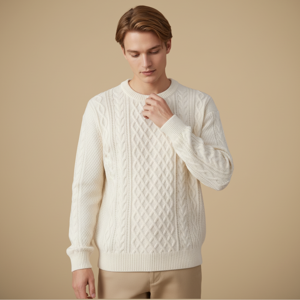 Men Relaxed Cable Knit Round Neck Sweater Fashion Grand