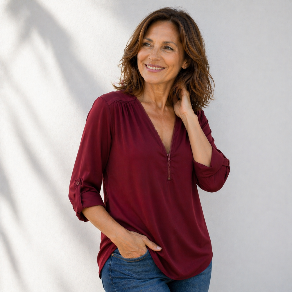 Women’s zipped v-neck loose fit casual blouse Fashion Grand