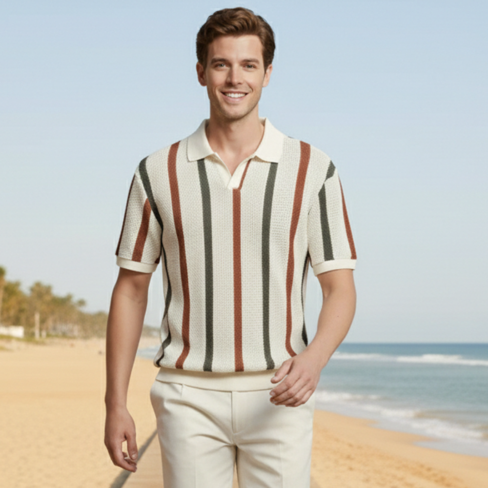 Men's striped short sleeve knitted polo shirt - casual Fashion Grand