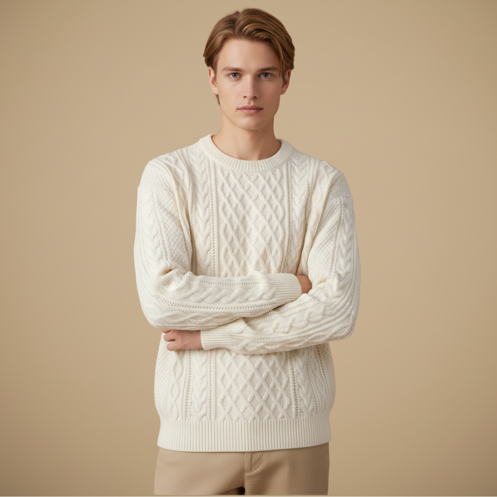 Men Relaxed Cable Knit Round Neck Sweater Fashion Grand