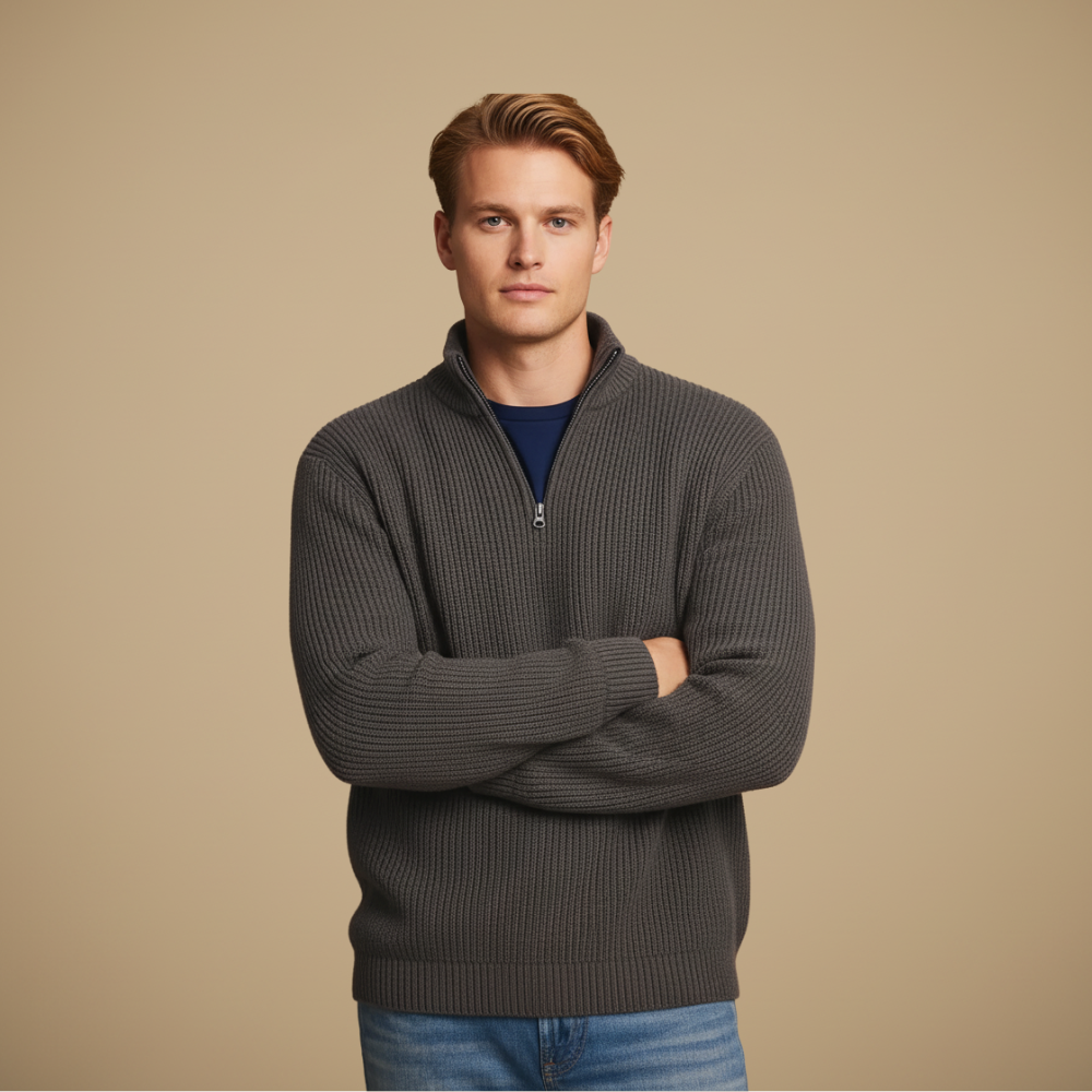 Men's Ribbed Knit Quarter Zip Long Sleeve Pullover Fashion Grand