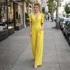 Women's puff sleeve v-neck wide jumpsuit Fashion Grand