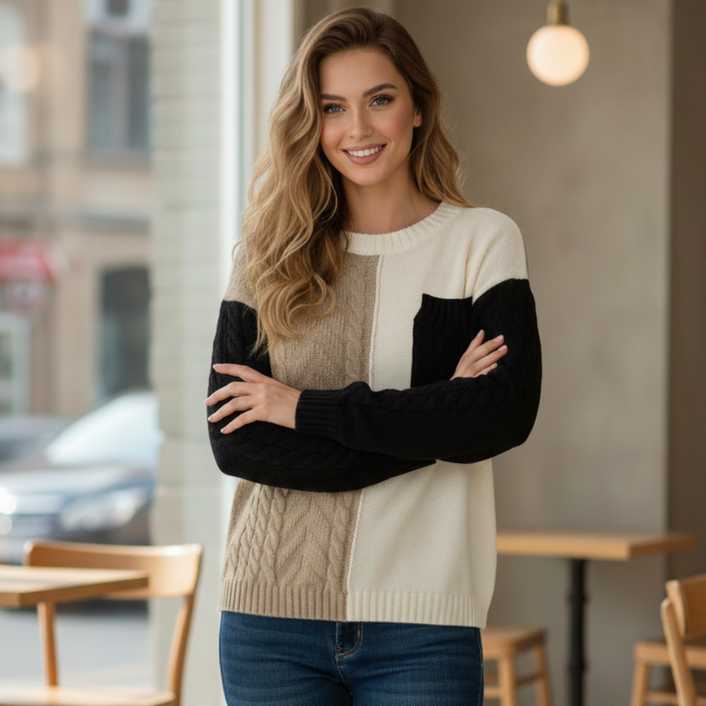 Cute Patchwork Cable Knit Casual Sweater for Women Fashion Grand