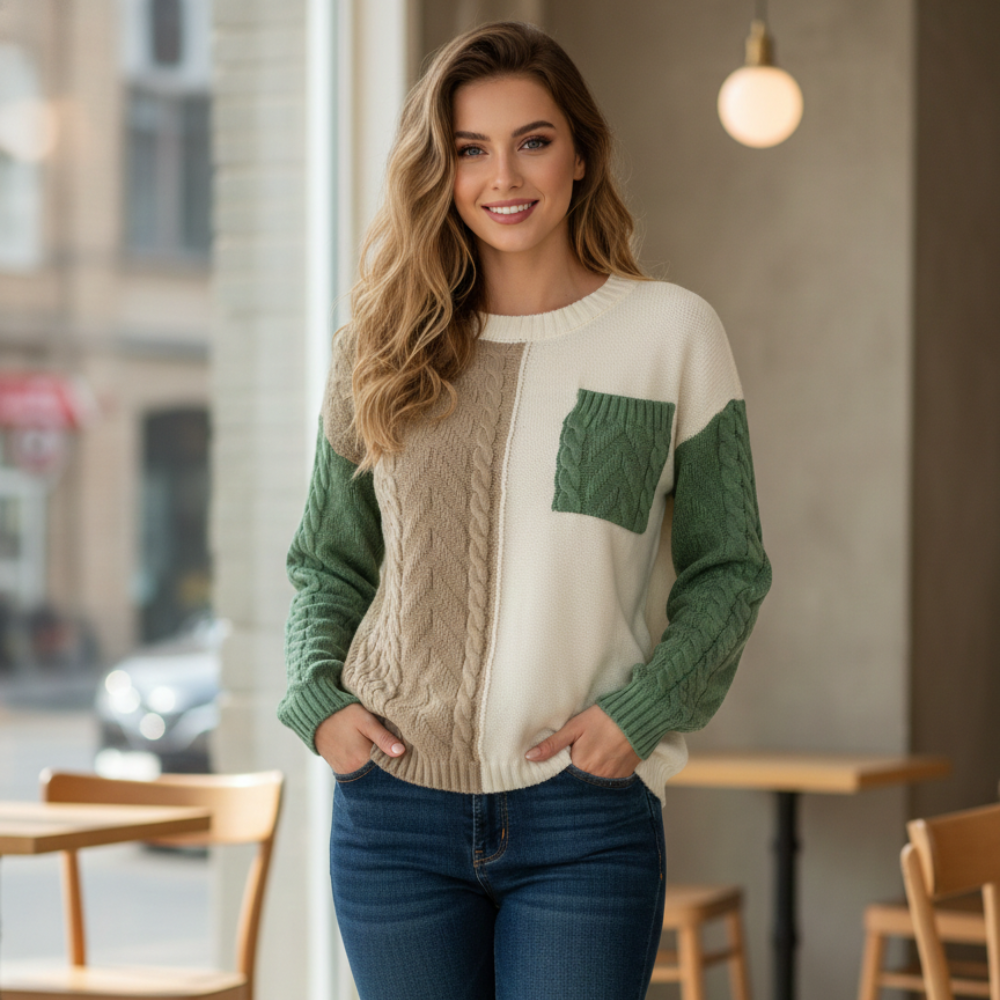 Cute Patchwork Cable Knit Casual Sweater for Women Fashion Grand