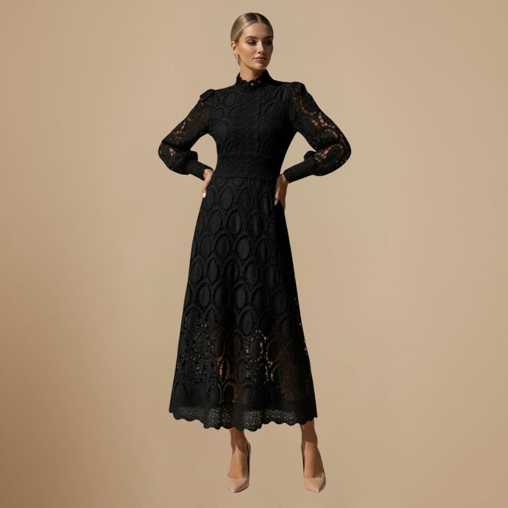 Elegant Lace Maxi Dress with Puff Sleeves Fashion Grand