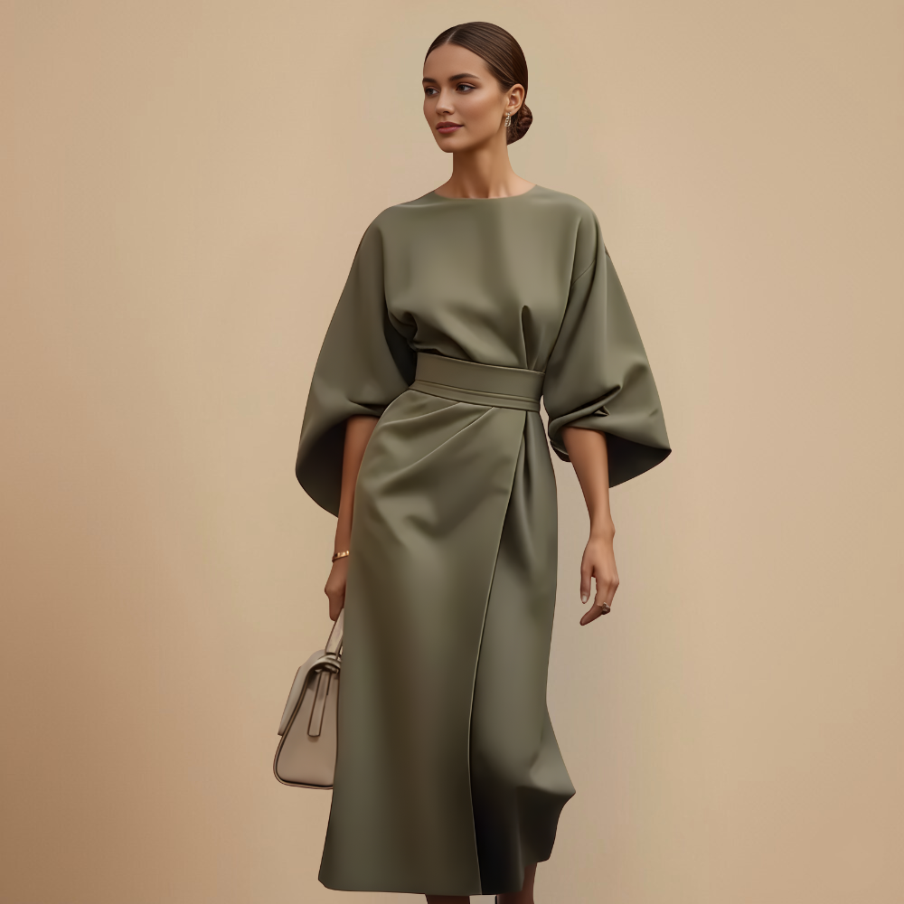 Elegant Minimalist Batwing Sleeve Round Neck Dress Fashion Grand